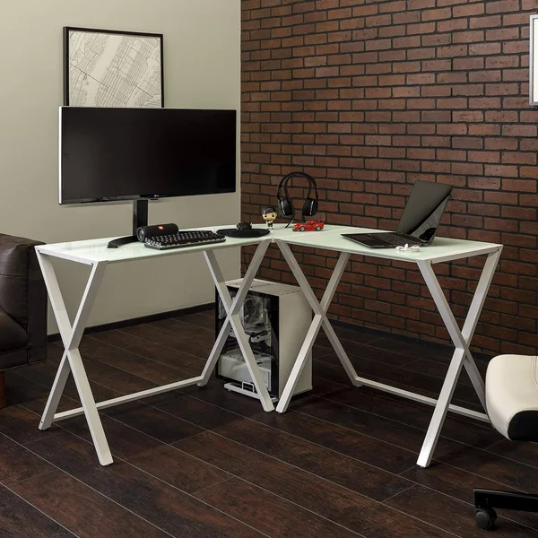 Walker Edison X-Frame Glass Metal L-Shaped Computer Desk-White/White