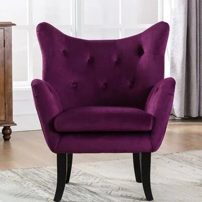 Velvet Wingback Accent Chair Armchair Modern Tufted Button Vanity Chair with Wooden Legs for Living Room Bedroom, Purple Rosdorf