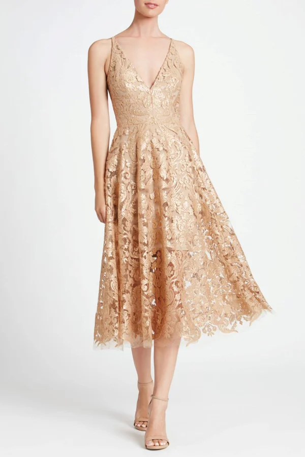 Dress The Population Blair Womens Lace Sequined Midi Dress, Gold/Nude