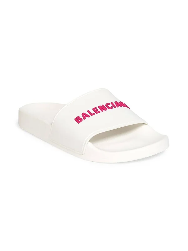 Balenciaga Logo Pool Slide Sandals, White, Women's, 41EU, Sandals Slides