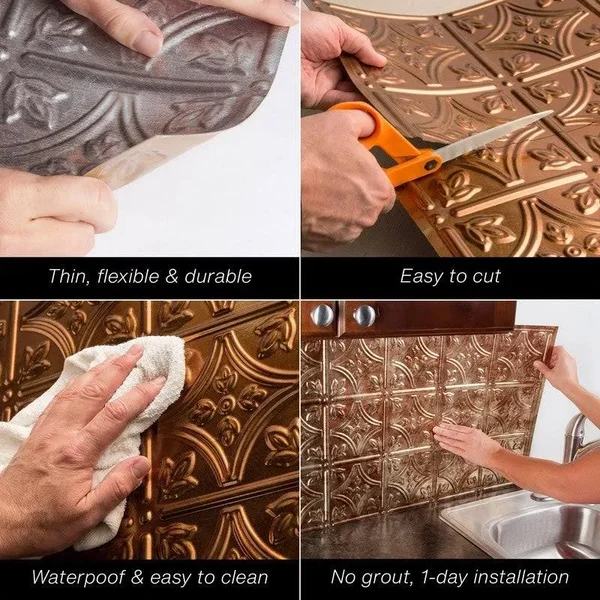 Fasade Traditional Style/Pattern 1 Decorative Vinyl 18in x 24in Backsplash Panel in Copper Fantasy (5 Pack)