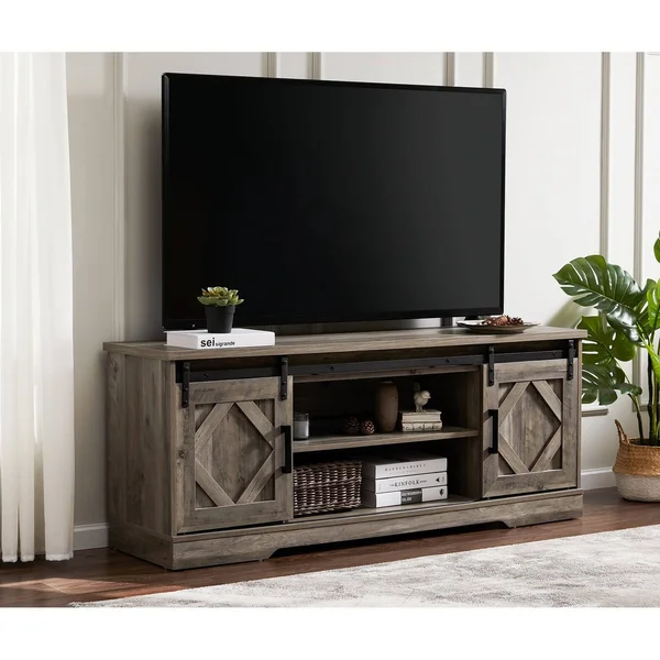 Wampat Farmhouse Sliding Barn Door TV Stand Rustic Gray for TVs Up to 65x22 - Rustic Brown Wash
