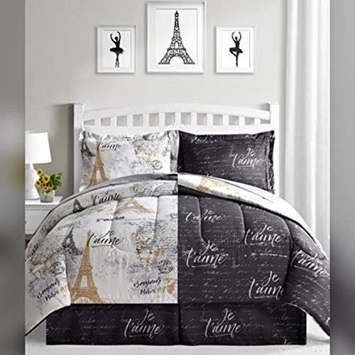 Bon Jour Paris - Eiffel Tower, Black & White Reversible Cal King Comforter Set (8 Piece Bed in A Bag)