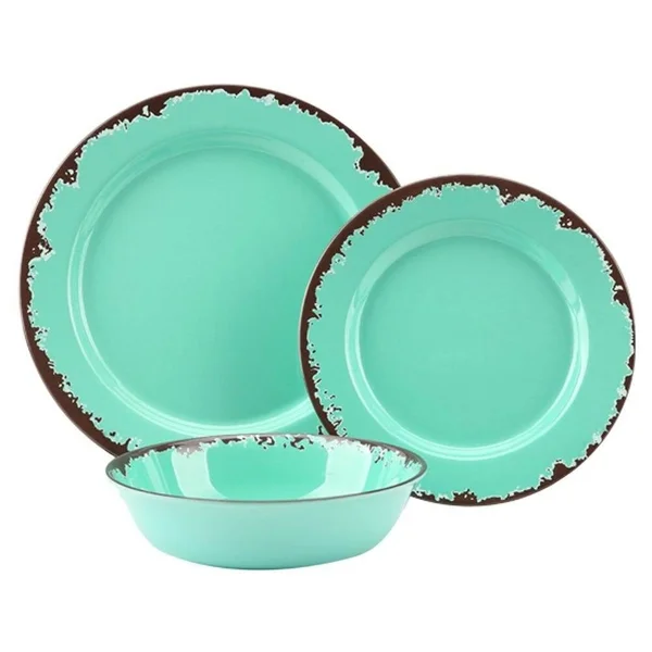 Rustic Melamine Dinnerware Set 12 Pcs Yinshine Outdoor Camper Dishes Service for 4 Green