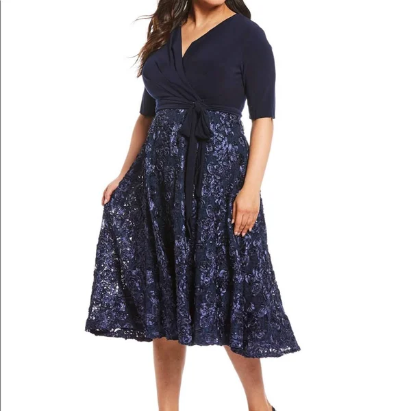 Alex Evenings Women's Rosette Tea-Length Dress - Blue 16