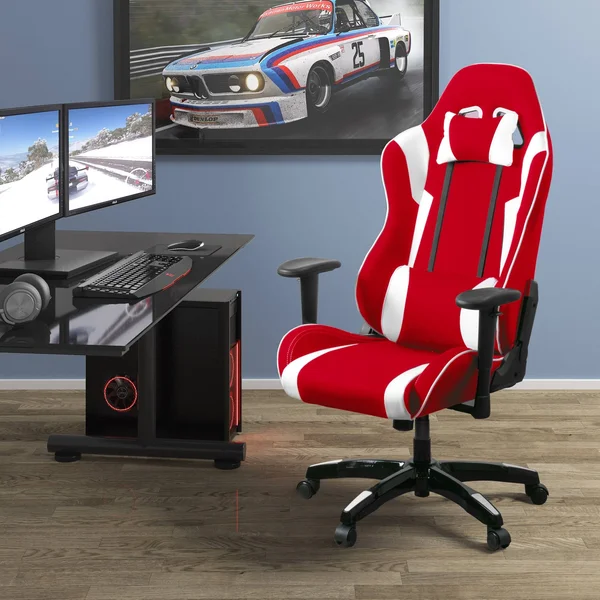 Porch & den Banton Bonded Leather, Fabric, and Mesh High-Back Ergonomic Gaming Chair - White/Blue