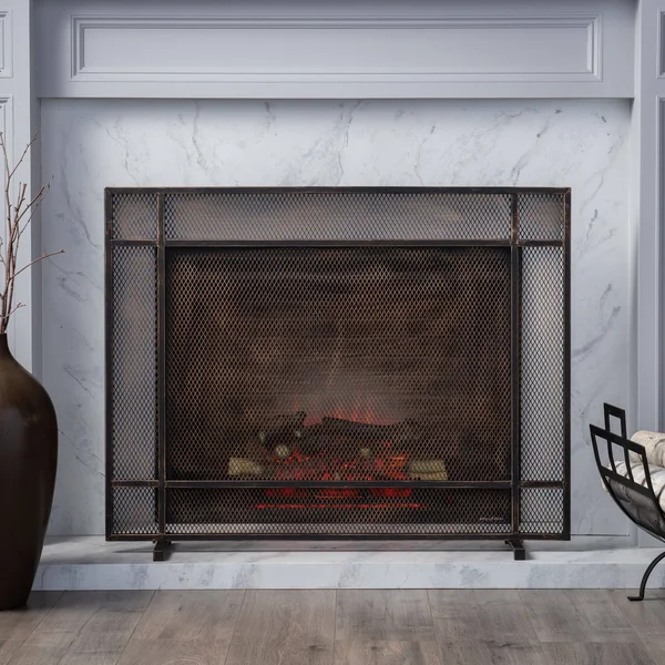 Markus Modern Single Panel Iron Firescreen, Black Brushed Gold Finish