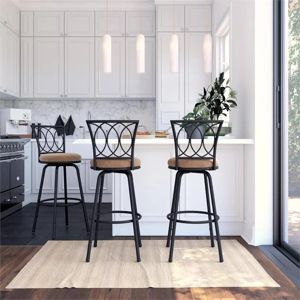 Pemberly Row Upholstered Seat Swivel Barstools in Tan Microfiber (Set of 3)