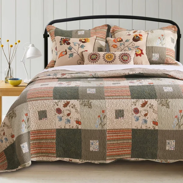 Greenland Home Fashions Sedona Cotton 4-Piece Quilt Set, Brown, Twin