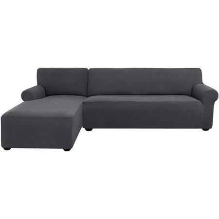 Subrtex Stretch 2-Piece Textured Grid L-Shaped Sectional Sofa Slipcover (3-Seater Right Chaise - Gray)
