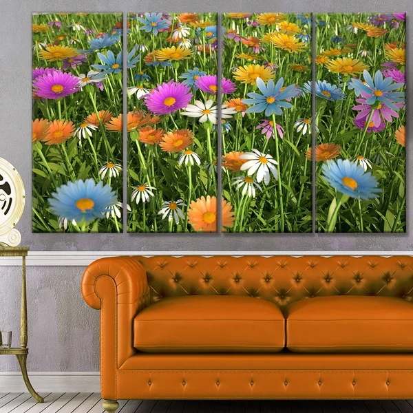 Design Art &Different Color Flowers in Field& Photographic Print Multi-Piece Image on Canvas, Size: 83 in. Wide x 32 in. High