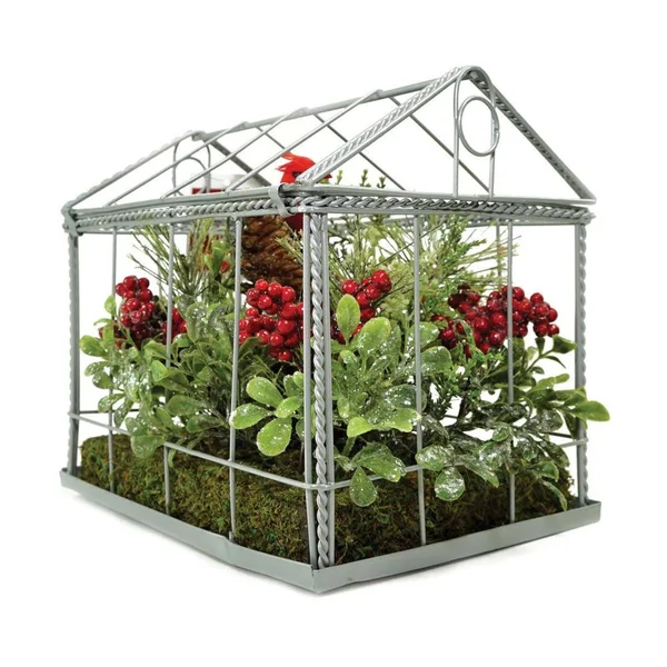 Northlight 9x22 Red and Green Cardinal Boxwood Artificial Christmas Greenhouse Arrangement Silver