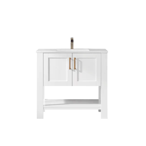Vinnova Grayson 36x22 Single Vanity in White and Composite Carrara White Stone Countertop Without Mirror