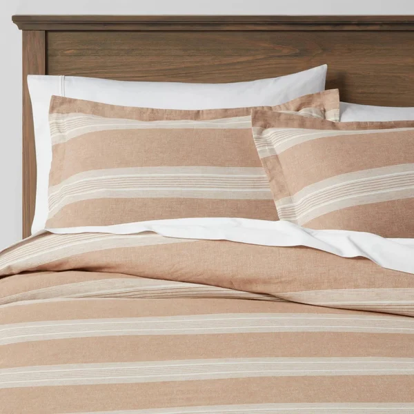 Full/Queen Chambray Yarn Dye Stripe Duvet & Sham Set Brown - Threshold