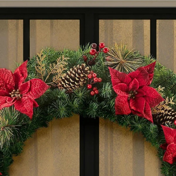 Home Holiday Accent 48 in. Burgundy Poinsettia Mixed Pine Wreath with Berries, Gold Glitter Cedar
