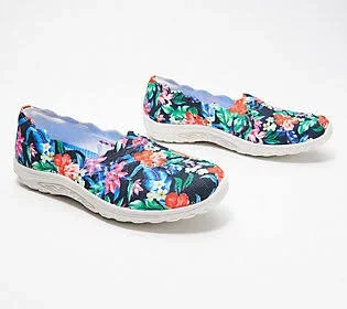 Skechers Knit Scalloped Slip-On Shoes - Reggae Fest, Size 10 Wide, Black Floral
