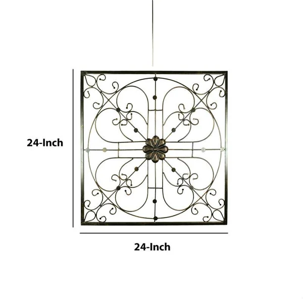 Benzara - Iron Wall Decor with Flower Accent and Squared Framed Design - Assortment of Two, Bronze