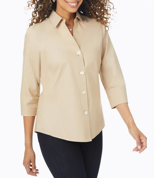 Foxcroft Paityn Solid Pinpoint Oxford Non-Iron Shaped Button Front Point Collar Shirt, Womens, 14, Almond Tart