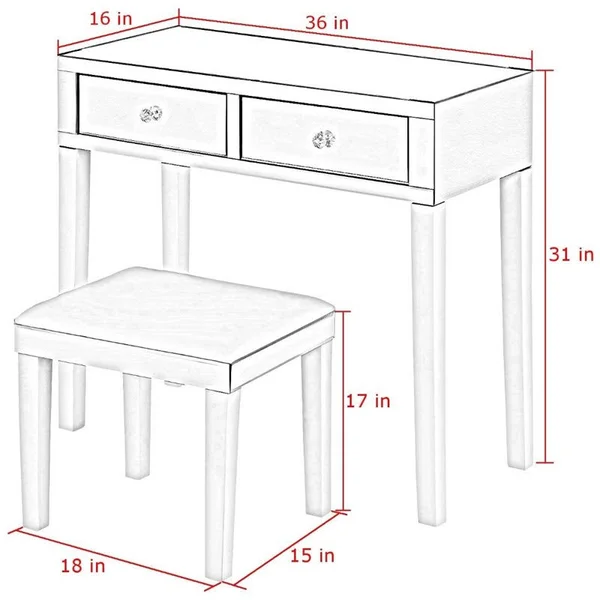Brika Home 2 Piece Mirrored Bedroom Vanity Set in White - BR-1890233