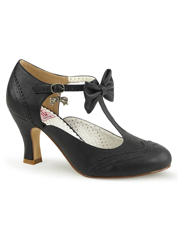 Pinup Couture FLAPPER-11 Series 3x22 Kitten Heel T-Strap Pump - Black Faux Leather - 11