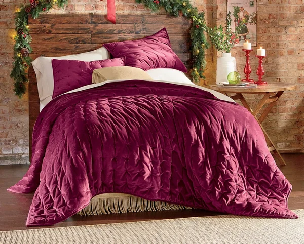 Velvet Oversized Quilt - Polyester, Wine, Full/Queen (90x22 W x 96x22 L)