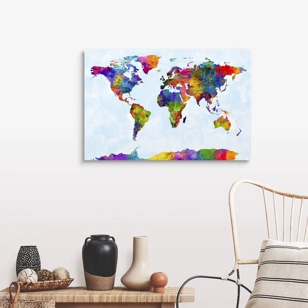 Watercolor Map of The World Map - Canvas Wall Art, 36x24, Great Big Canvas