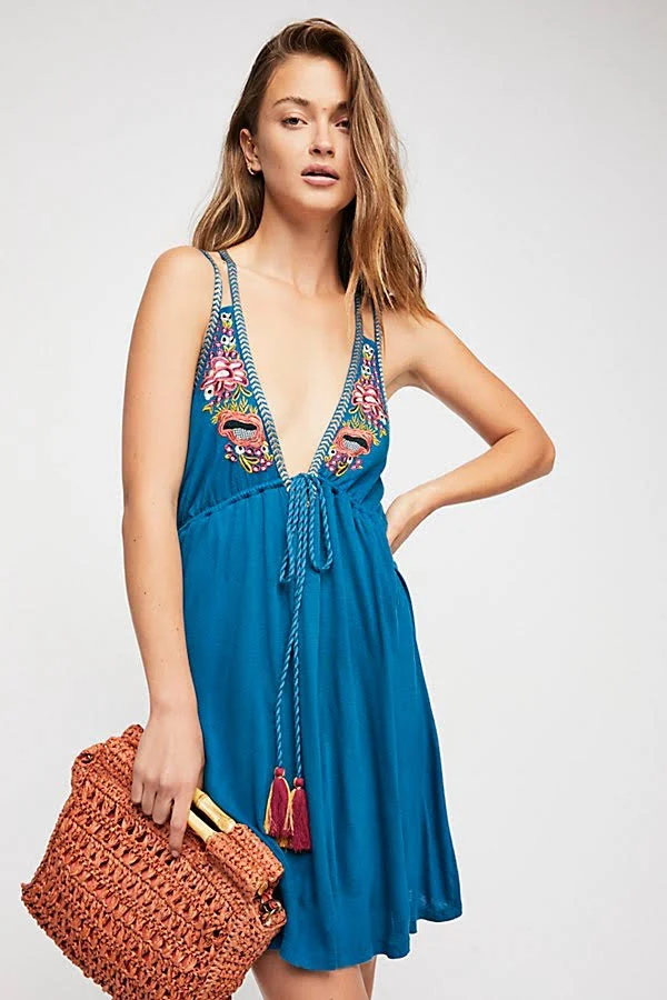 Free People Lovers Cove Embroidered Dress - Blue L
