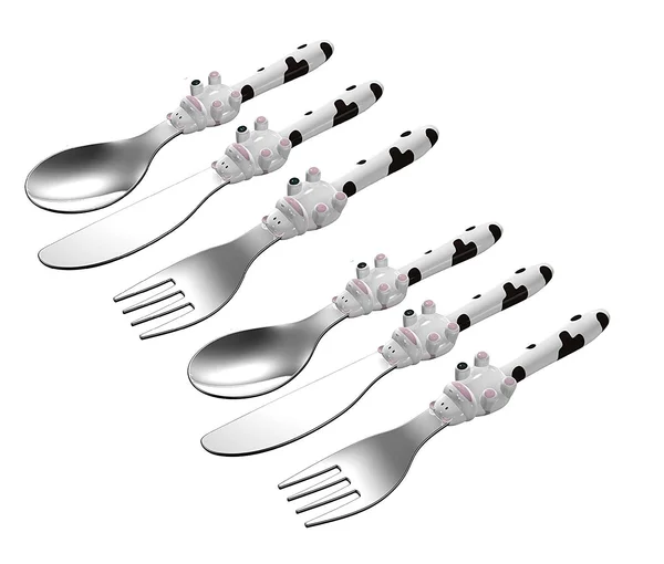 Exzact Stainless Steel 6 Pcs Children's Flatware Cutlery Set - 2 x Forks - 2 x Safe Dinnerknife, 2 x Dinner Spoons - Cow Design H