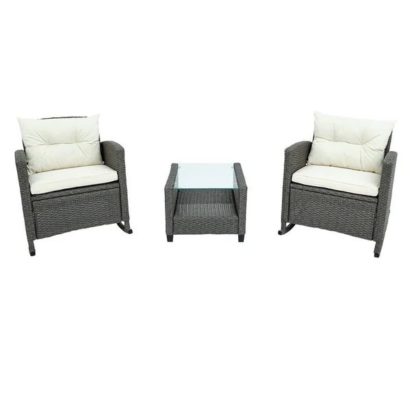 3 Piece Rocking Patio Furniture Set - Brown Rattan and Beige Cushion