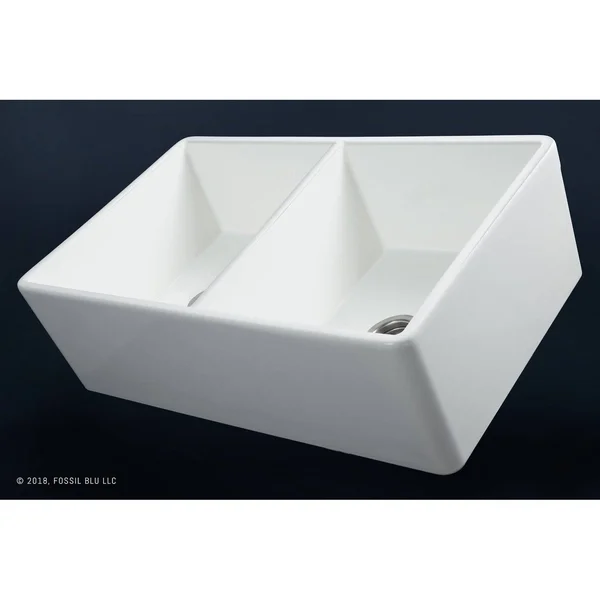 Fossil Blu Luxury 33 in. Ultra Fine Fireclay Modern Farmhouse Kitchen Sink in White, Double Bowl with Flat Front, Includes Drain