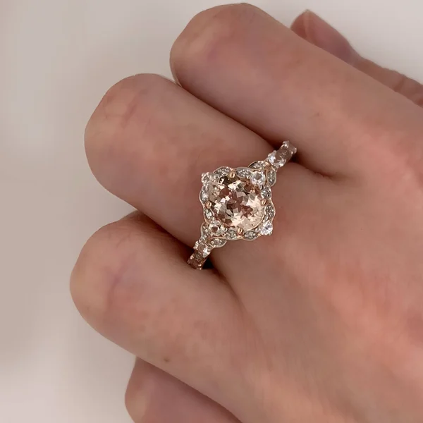 14K Rose Gold Morganite White Sapphire and Diamond Accent Vintage Ring by Miadora - 4.5