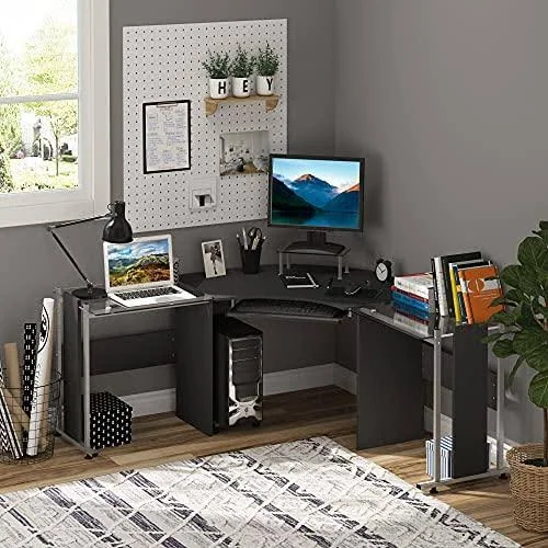 HOMCOM 69x22 Modern L-Shaped Tempered Glass Office Computer Desk with Elevated Monitor Stand - Rolling CPU Holder, Pull Out Keybo