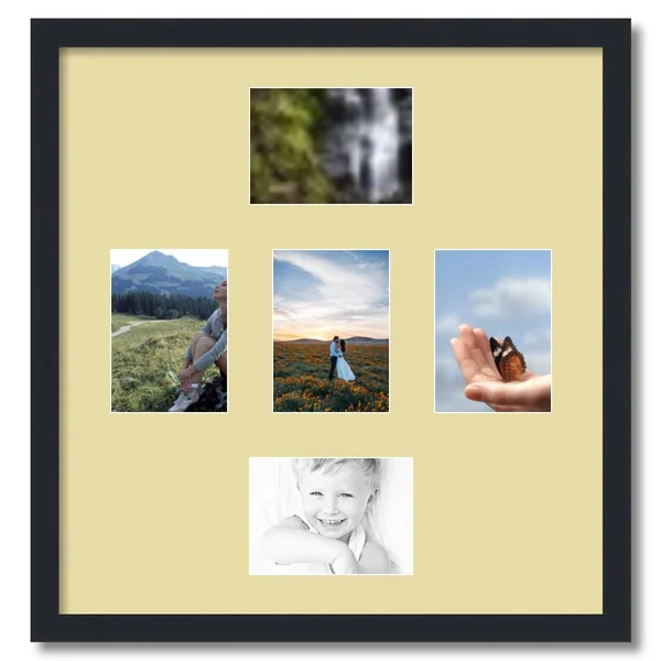 Collage Picture Frame - Satin Black Frame with 5 openings for 5x7 Photos with Ivory Buttercup Mat. D3926GD329, ArtToFrames