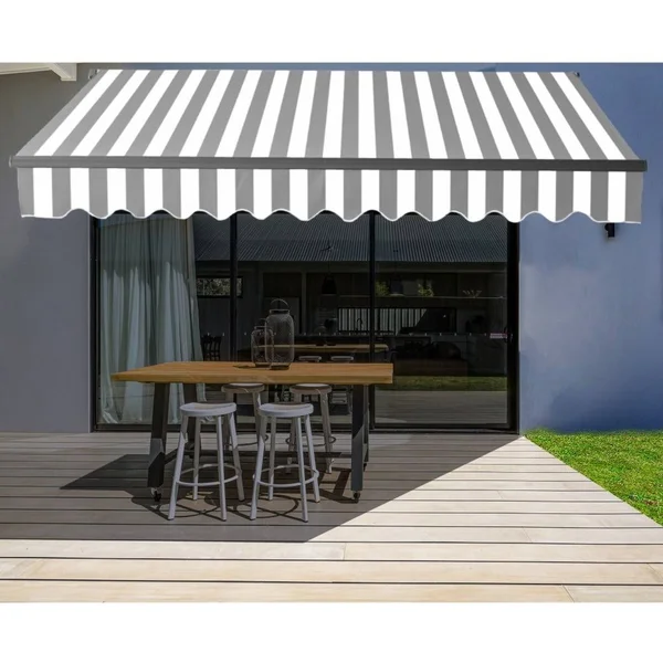 Aleko AB12X10GREYWHT 12 x 10 ft. Black Frame Retractable Home Patio Canopy Awning Grey & White