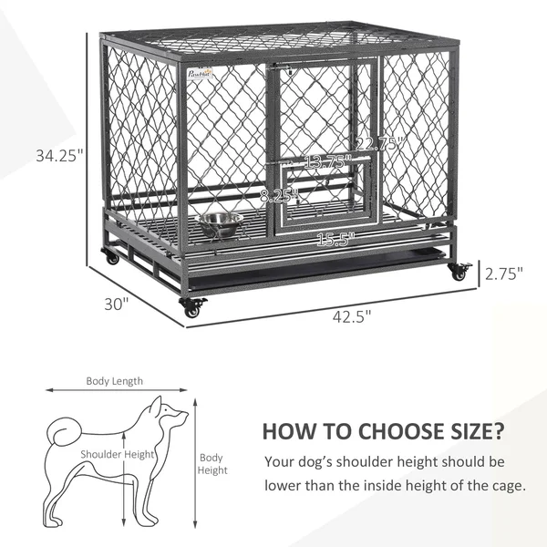 PawHut Dog Crate w/ Wheels & Lockable Door for Medium Dogs - 42.5x22 x 30x22 x 34.25x22