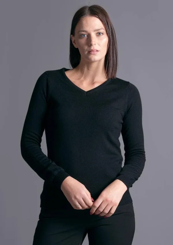 Womens Pure Extra Fine Merino Wool V Neck Jumper - Black, S