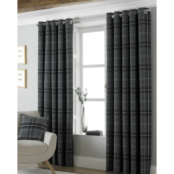 Riva Home Aviemore Checked Pattern Ringtop Curtains/Drapes, 46 x 54in (117 x 137cm), Gray