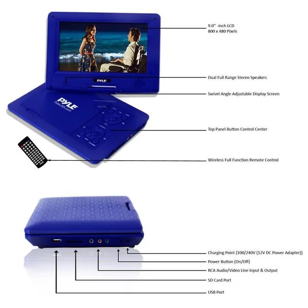 Pyle 9x22 Portable CD/DVD Player - Built-In battery, Usb/sd Card Memory Readers (Blue), 10.0 x 7.3 x 8.3