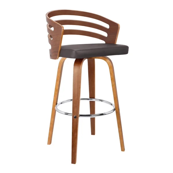 30x22 Jayden Mid-Century Swivel Bar Height Barstool in Brown Faux Leather with Walnut Veneer - Armen Living