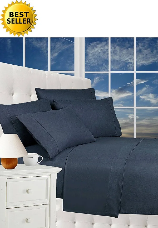 Elegance Linen Wrinkle Resistant 6-Piece Bed Sheet Set - 1500 Thread Count Silky Sof tSheet Set - California King, Navy Blue
