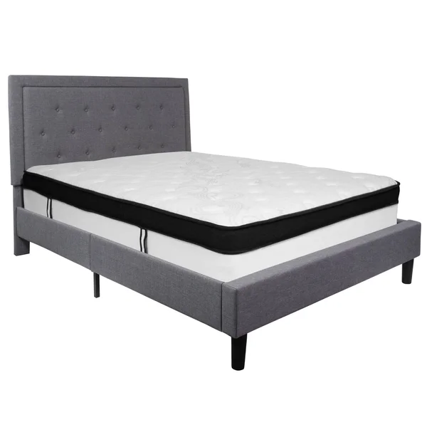 Roxbury Twin Size Tufted Upholstered Platform Bed in Beige Fabric with Memory Foam Mattress