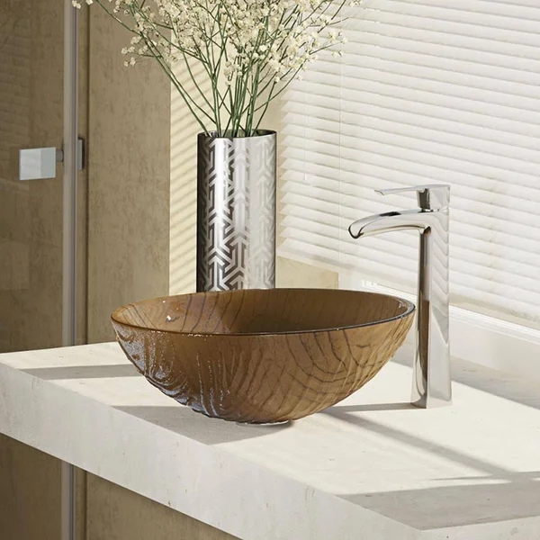 Rene R5-5025-R9-7007 16-5/8x22 Glass Vessel Bathroom Sink with Vessel Faucet Sink Beach Sand - Chrome