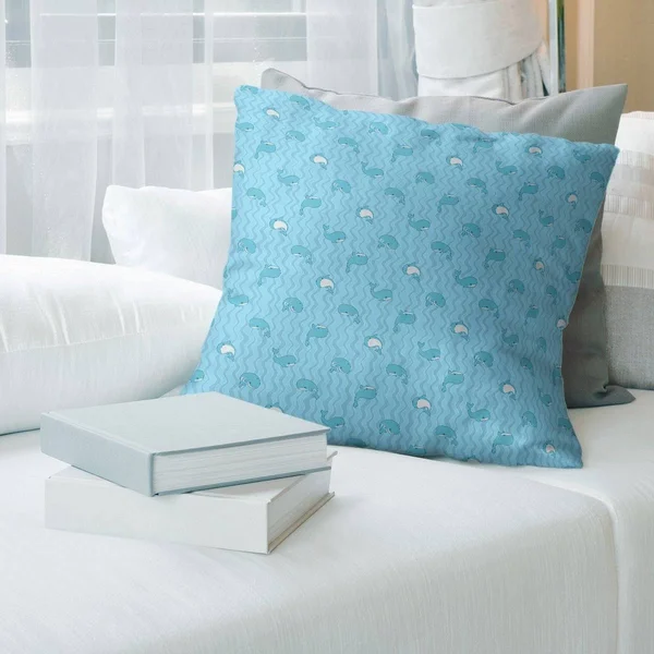 Whales Pattern Throw Pillow - 16 x 16 - Teal - Faux Suede