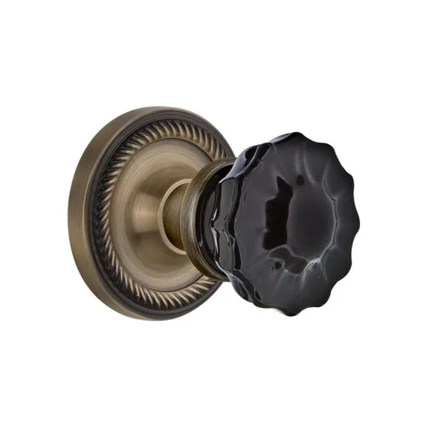 Nostalgic Warehouse 726955 Rope Rosette Single Dummy Crystal Black Glass Door Knob in Antique Brass