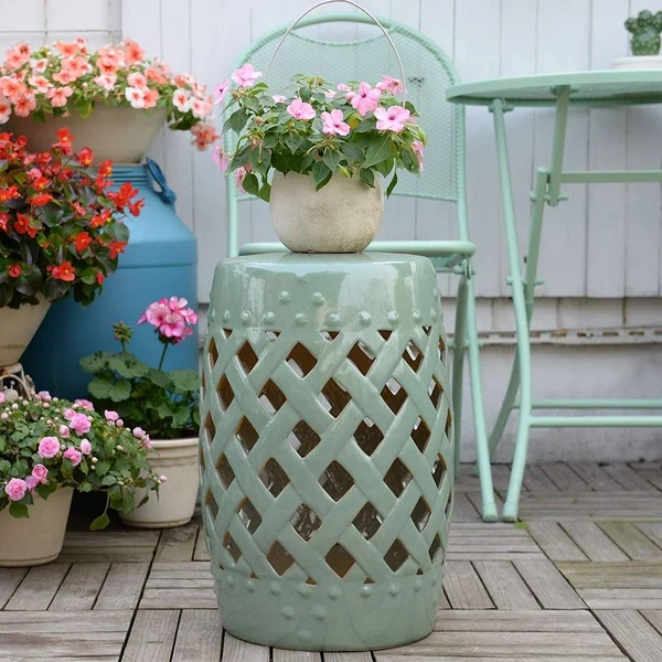 Outsunny 13x22 Ceramic Indoor Outdoor Lattice Garden Stool - Green