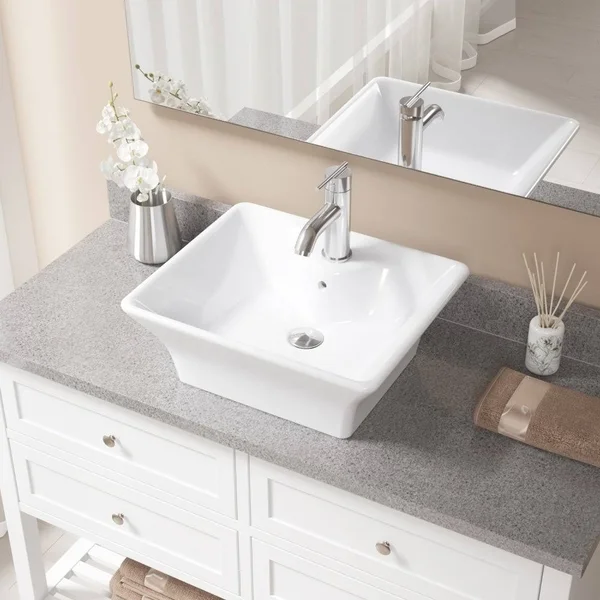 Mr Direct Vitreous China Rectangular Vessel Bathroom Sink with Faucet and Overflow, White