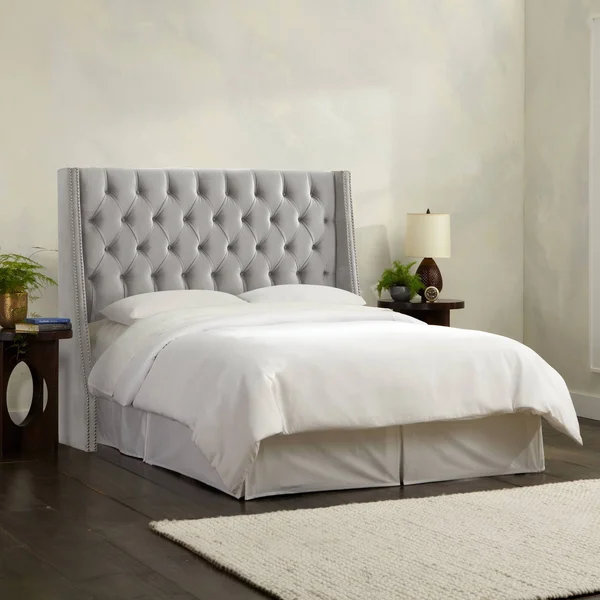 Full Diamond Tufted Wingback Headboard Medium Gray Velvet with Pewter Nail Buttons - Skyline Furniture