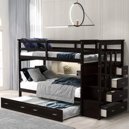Euroco Twin Over Twin Bunk Bed with Trundle Storage Drawers - Espresso