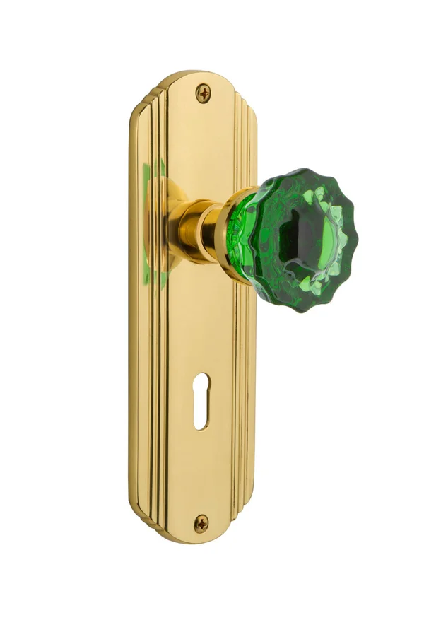 Nostalgic Warehouse Deco Plate Interior Mortise Door Knob - Emerald Crystal, Polished Brass