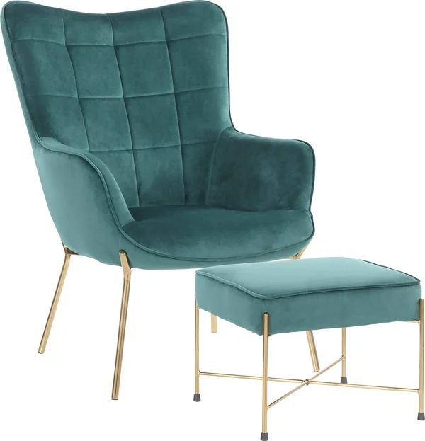 LumiSource Izzy Lounge Chair Ottoman Set Gold Metal Green Velvet